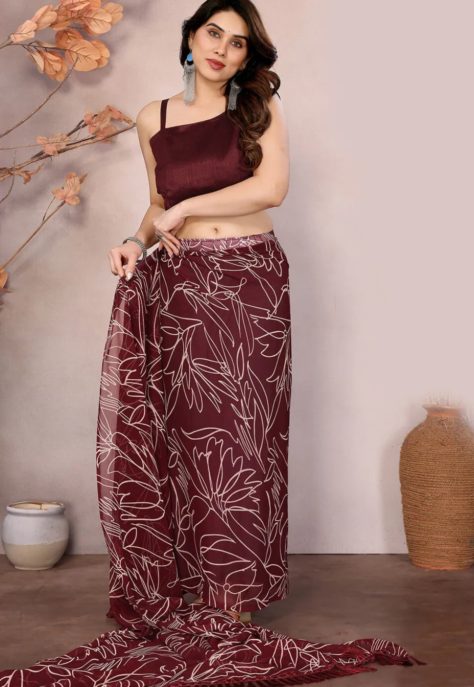 Pre-stitched Georgette Saree in Maroon