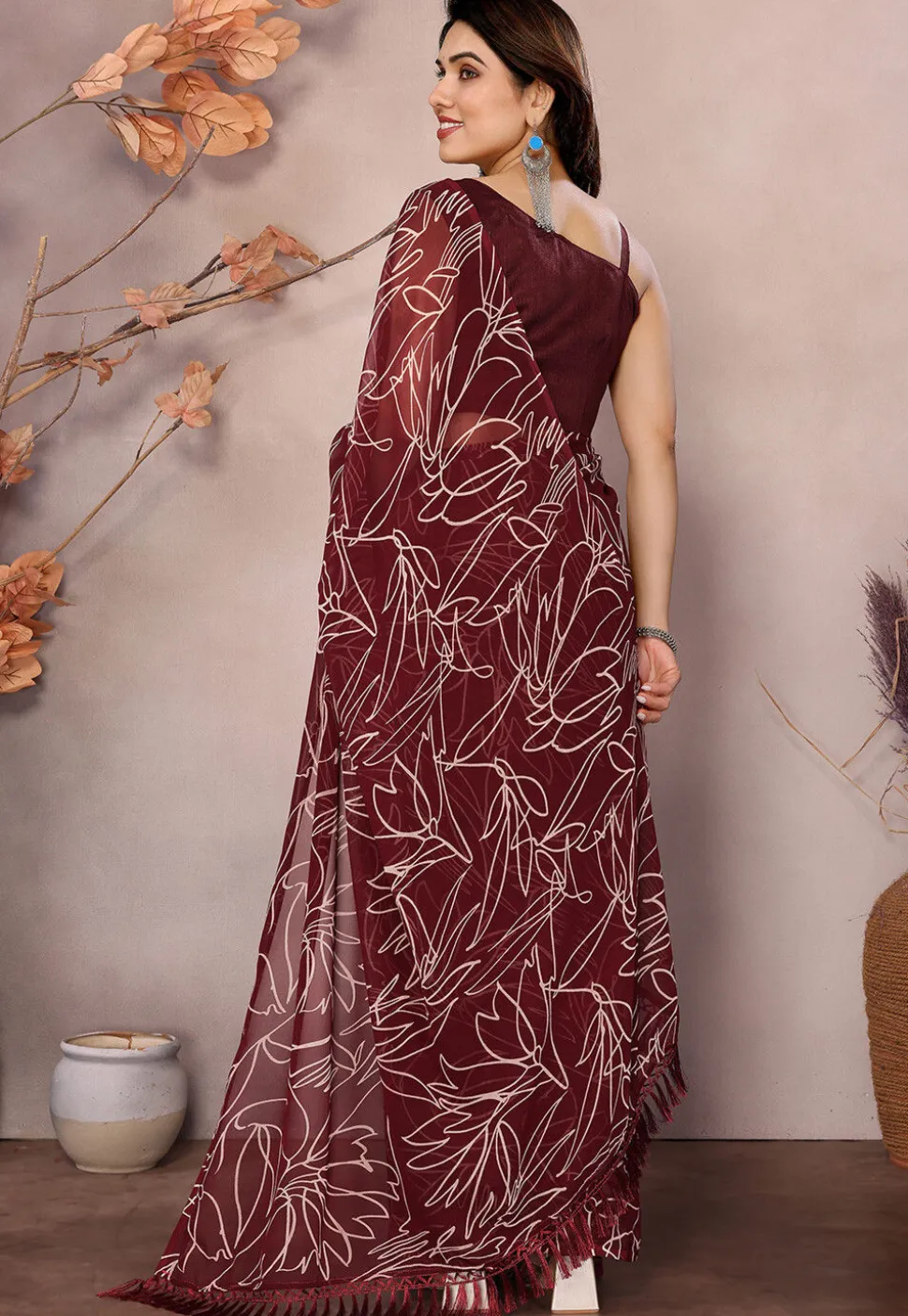 Pre-stitched Georgette Saree in Maroon