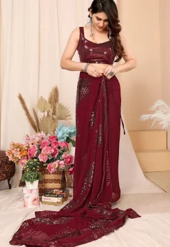 Pre-stitched Georgette Saree in Maroon