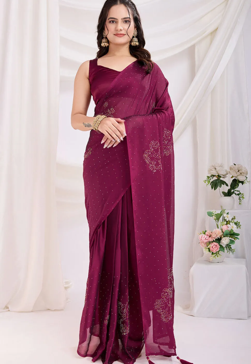 Pre-stitched Georgette Saree in Magenta