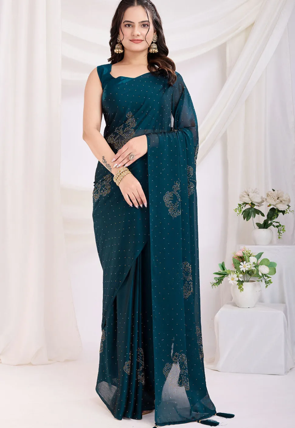 Pre-stitched Georgette Saree in Teal Blue