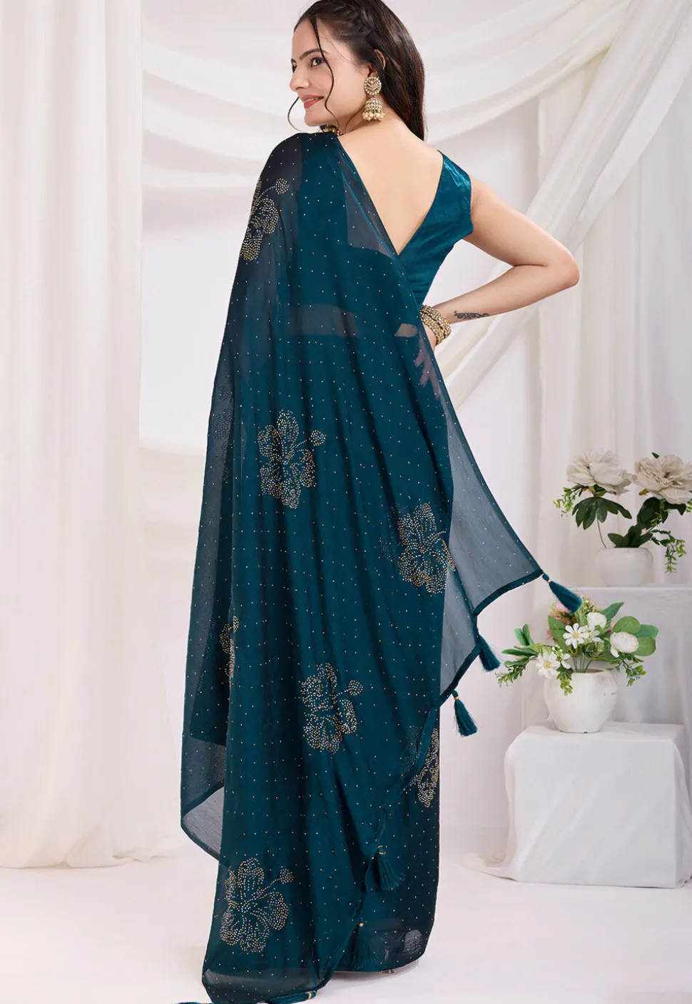 Pre-stitched Georgette Saree in Teal Blue