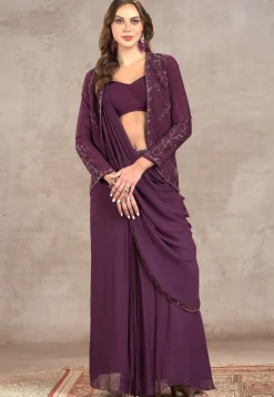 Pre-stitched Georgette Saree in Wine