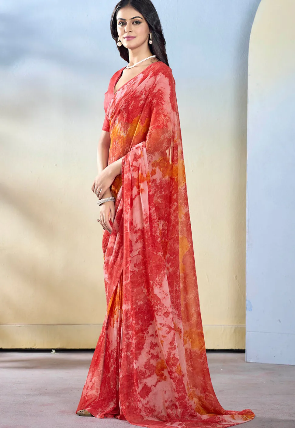 Pre-stitched Georgette Saree in Red