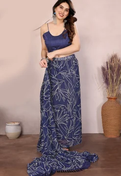 Pre-stitched Georgette Saree in Navy Blue