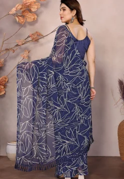 Pre-stitched Georgette Saree in Navy Blue