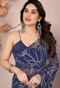 Pre-stitched Georgette Saree in Navy Blue