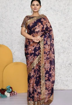 Pre-stitched Georgette Scalloped Saree in Navy Blue