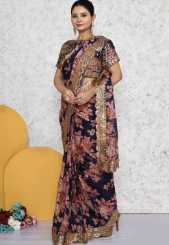 Pre-stitched Georgette Scalloped Saree in Navy Blue