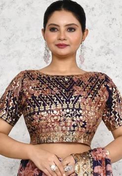 Pre-stitched Georgette Scalloped Saree in Navy Blue
