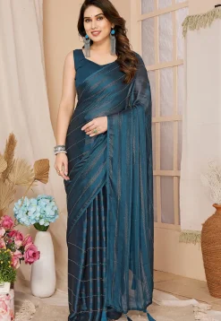 Pre-stitched Georgette Shimmer Saree in Teal Blue