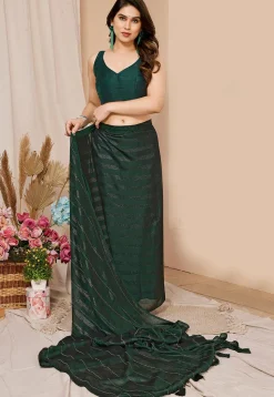 Pre-stitched Georgette Shimmer Saree in Dark Green