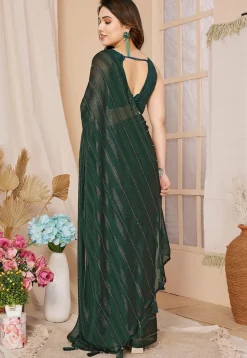 Pre-stitched Georgette Shimmer Saree in Dark Green