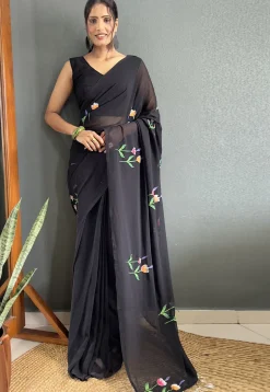 Pre-stitched Hand Painted Georgette Saree in Black