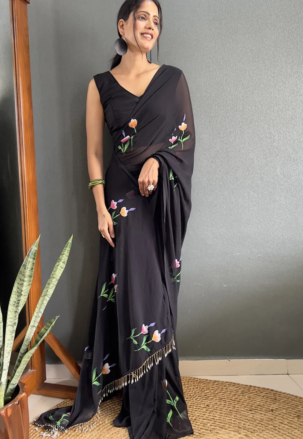 Pre-stitched Hand Painted Georgette Saree in Black