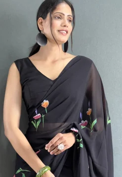Pre-stitched Hand Painted Georgette Saree in Black
