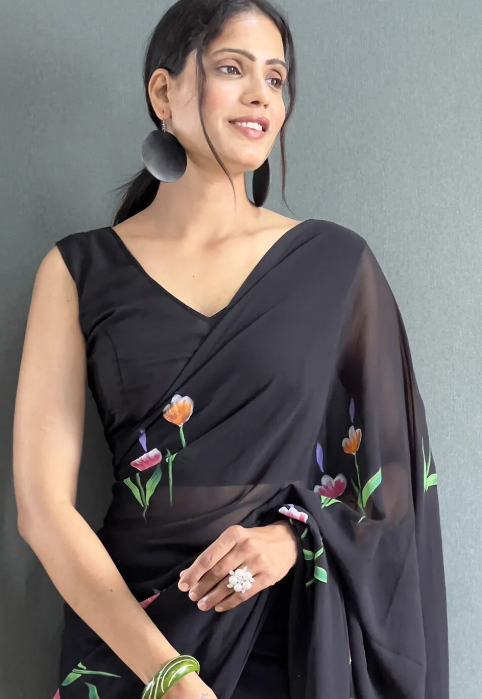 Pre-stitched Hand Painted Georgette Saree in Black
