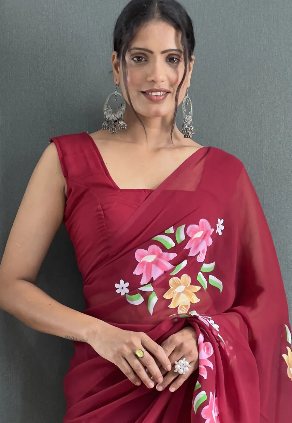 Pre-stitched Hand Painted Georgette Saree in Maroon