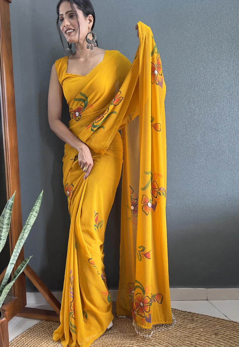Pre-stitched Hand Painted Georgette Saree in Mustard