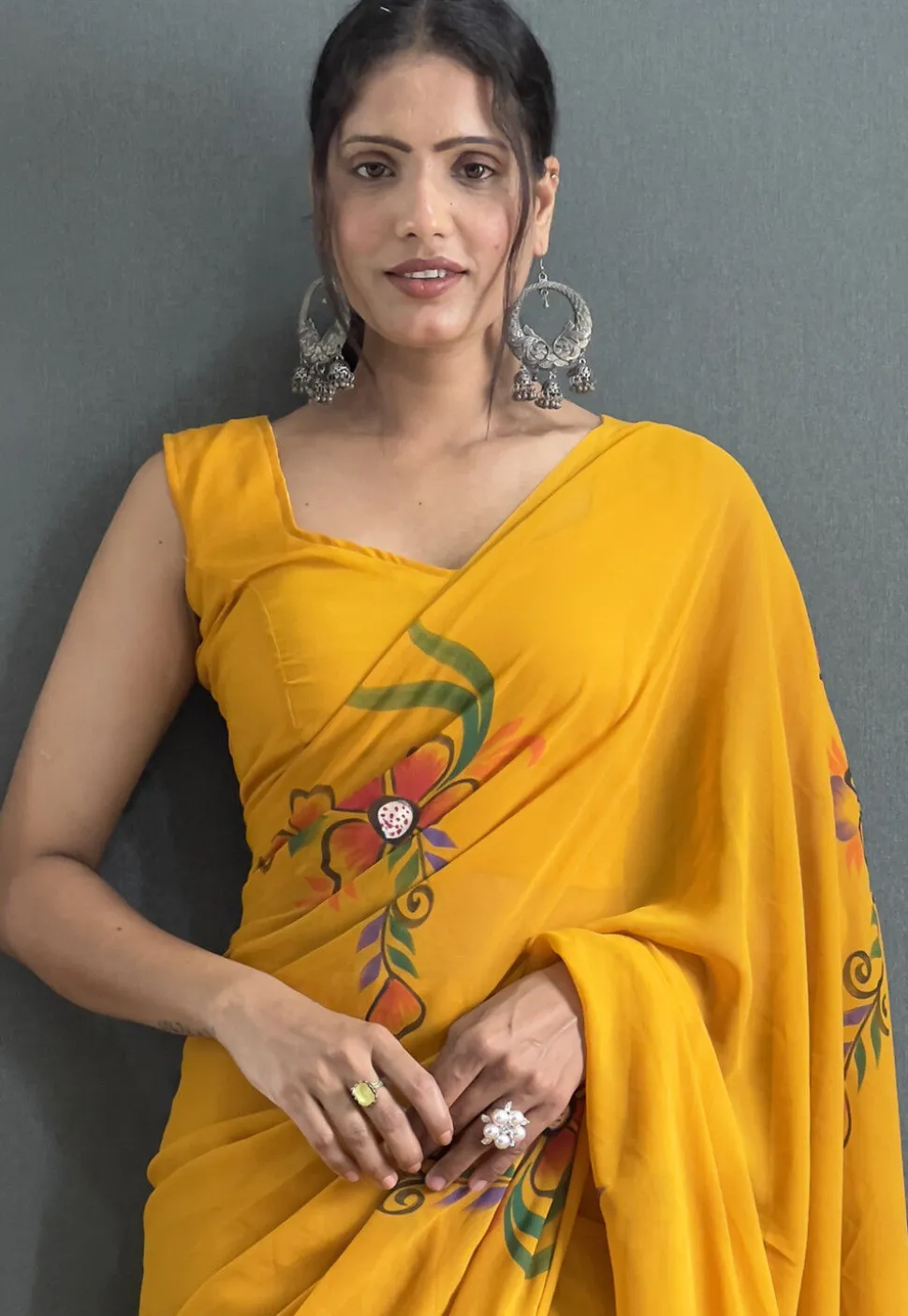 Pre-stitched Hand Painted Georgette Saree in Mustard