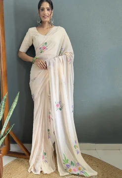 Pre-stitched Hand Painted Georgette Saree in Off White