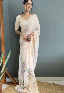 Pre-stitched Hand Painted Georgette Saree in Off White