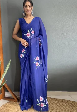 Pre-stitched Hand Painted Georgette Saree in Navy Blue