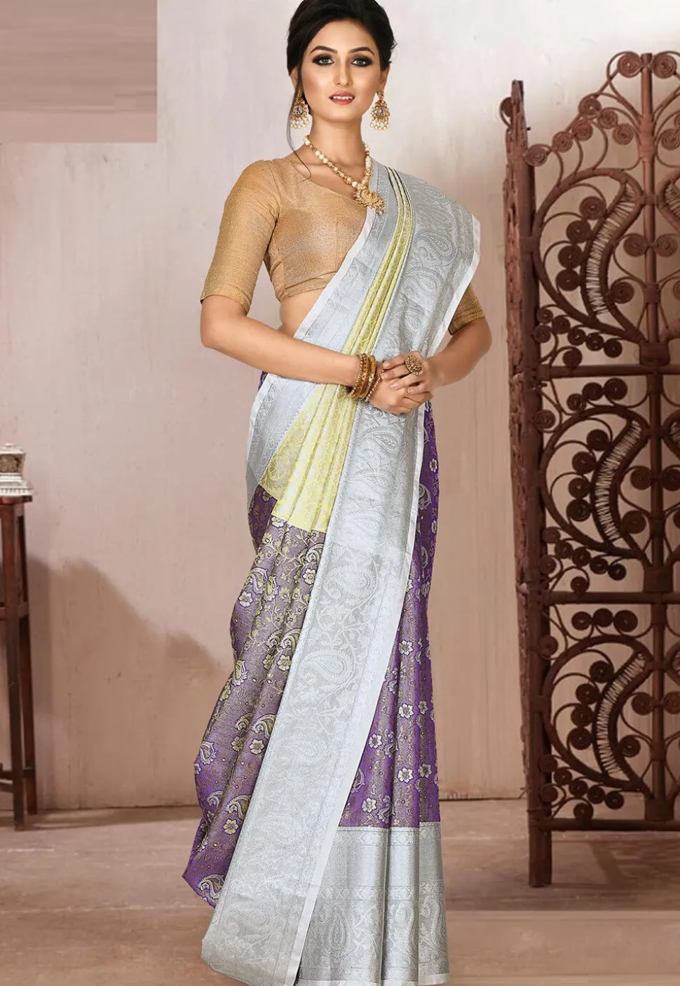 Pre-stitched Kanchipuram Saree in Purple