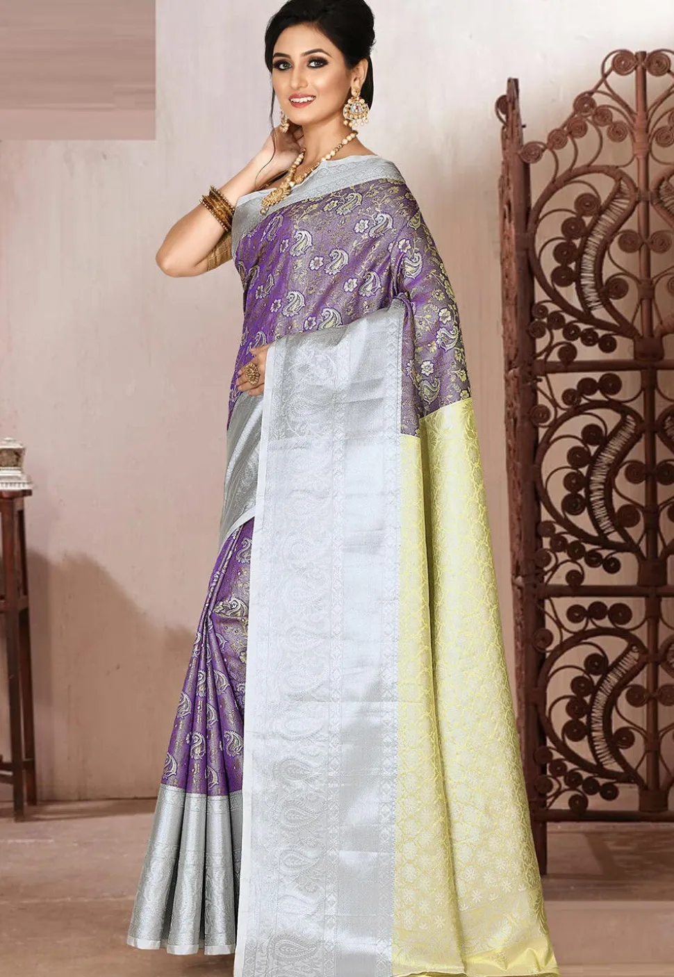 Pre-stitched Kanchipuram Saree in Purple