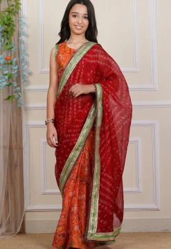 Pre-stitched Kota Silk Saree in Maroon and Orange
