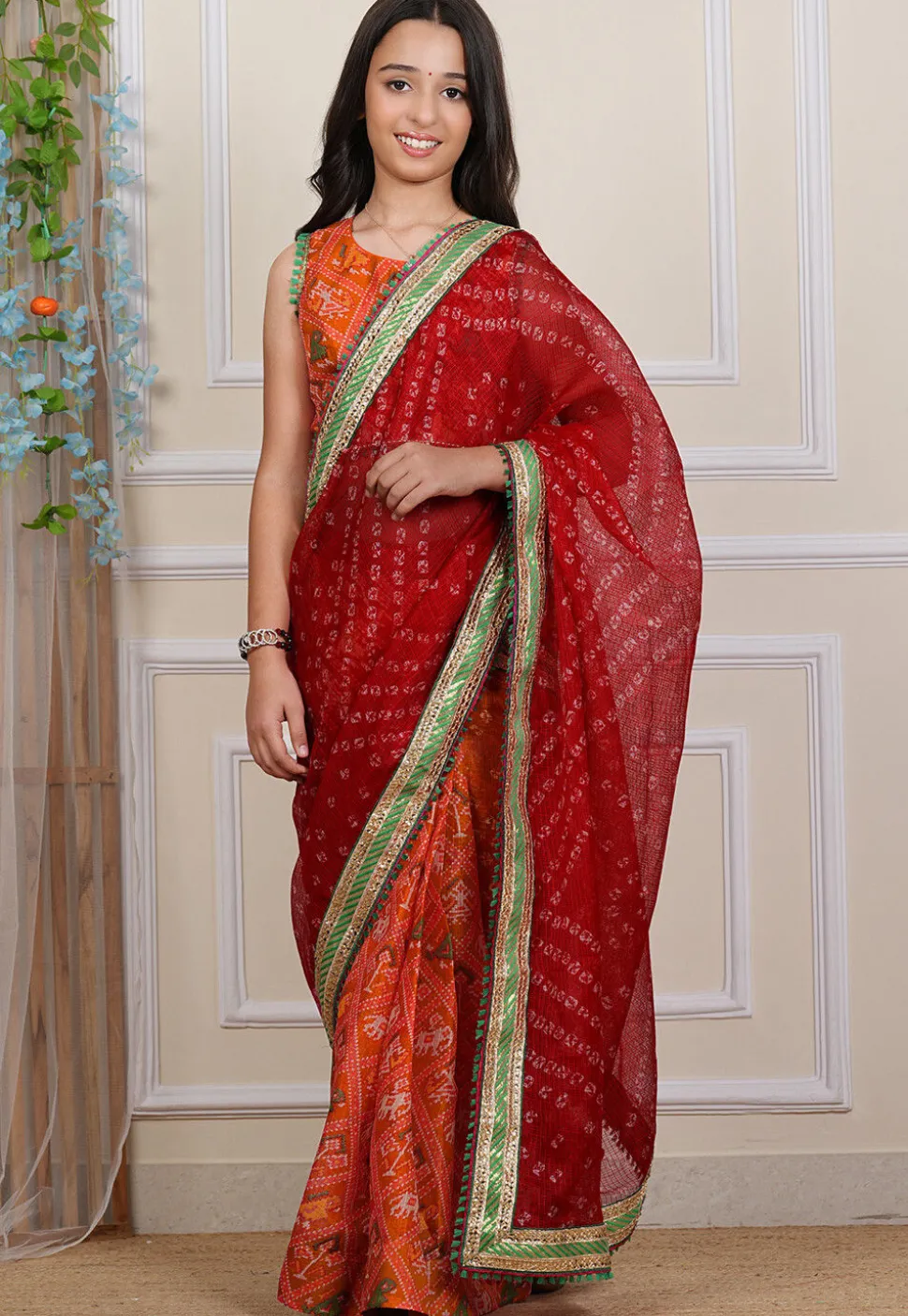 Pre-stitched Kota Silk Saree in Maroon and Orange