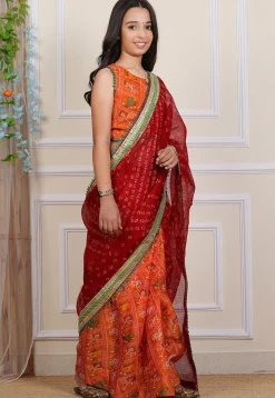 Pre-stitched Kota Silk Saree in Maroon and Orange