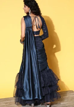 Pre-Stitched Lehenga Style Satin Saree in Navy blue