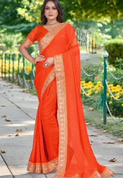 Pre-stitched Leheriya Printed Georgette Saree in Orange