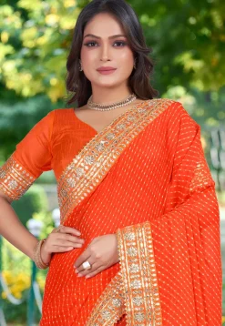 Pre-stitched Leheriya Printed Georgette Saree in Orange