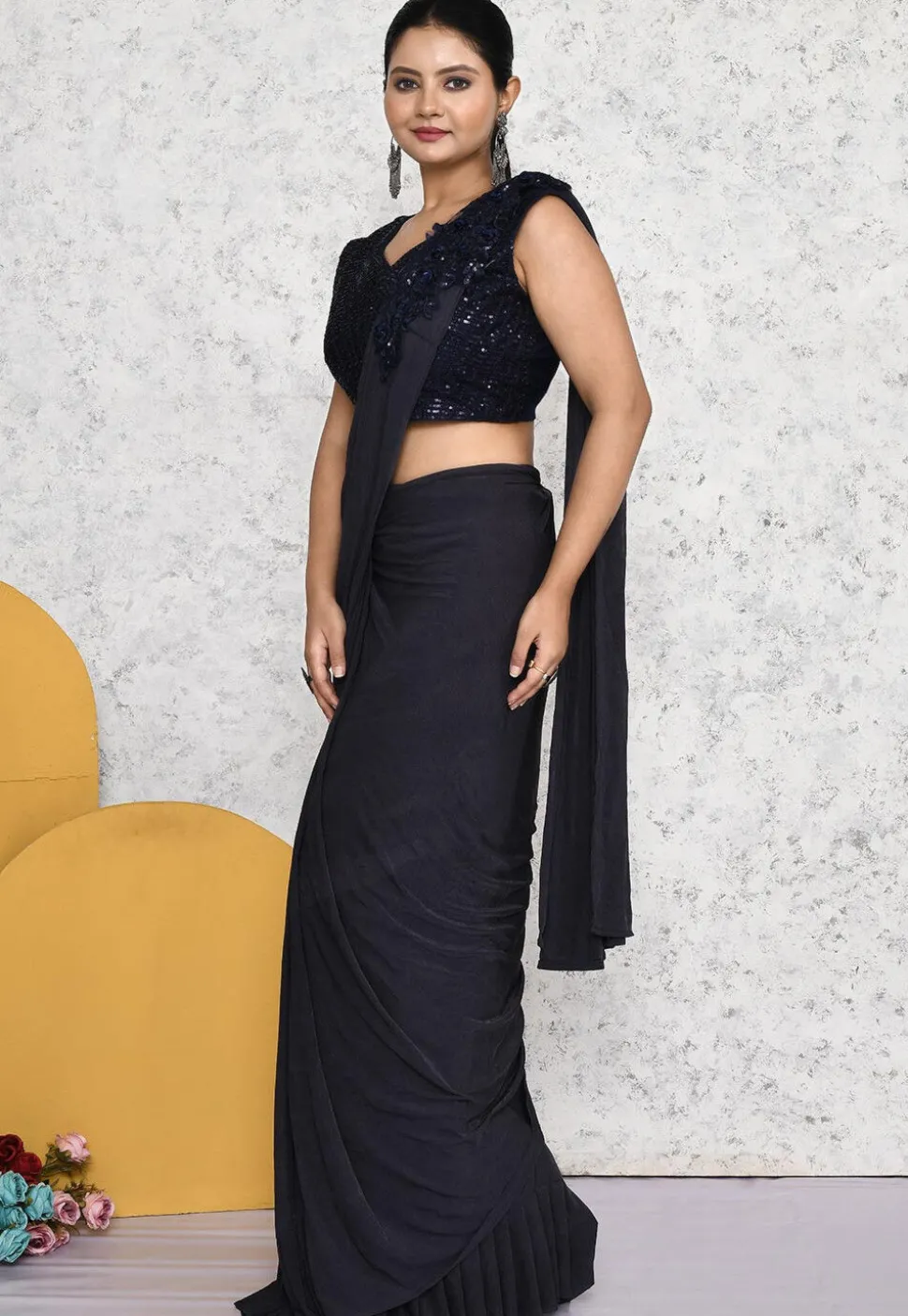 Pre-stitched Lycra (Elastane) Saree in Dark Grey