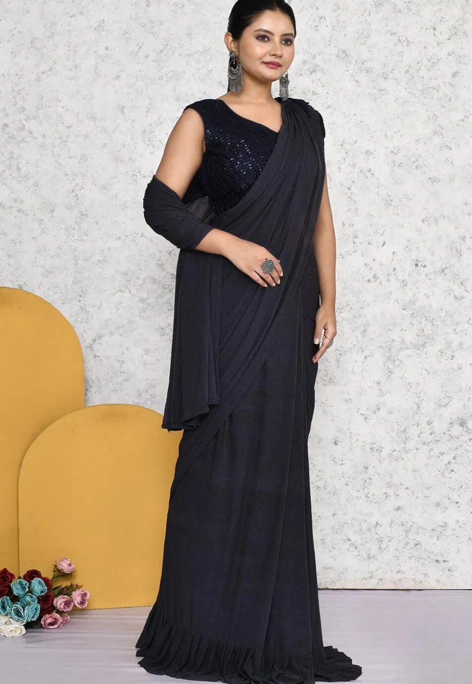 Pre-stitched Lycra (Elastane) Saree in Dark Grey