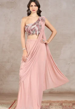 Pre-stitched Lycra (Elastane) Saree in Peach