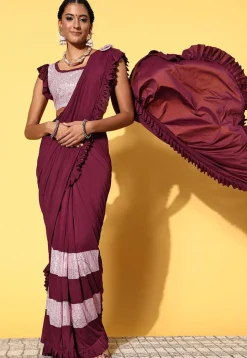 Pre-Stitched Lycra (Elastane) Saree in Wine