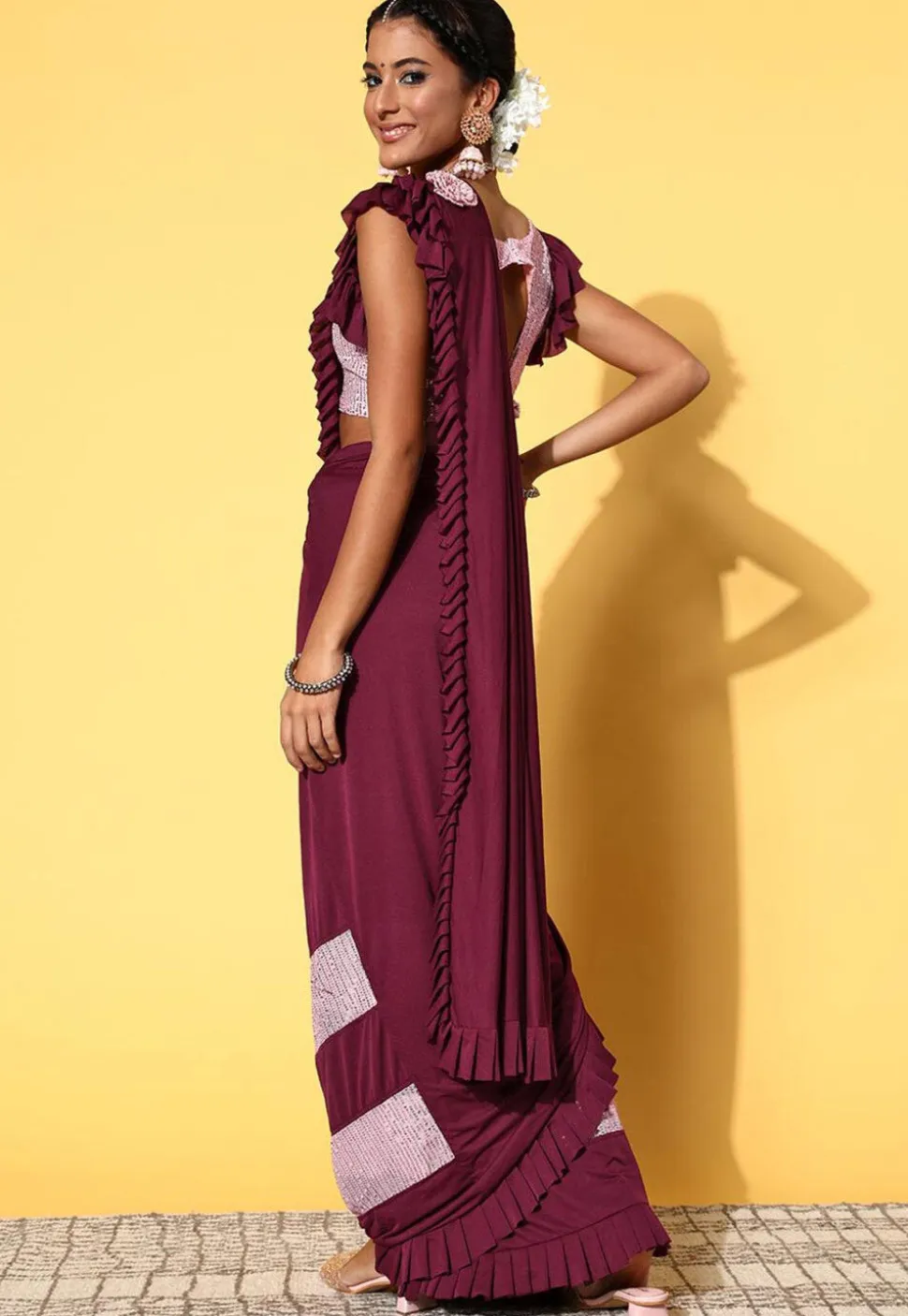 Pre-Stitched Lycra (Elastane) Saree in Wine