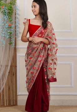 Pre-stitched Net Saree in Beige and Maroon