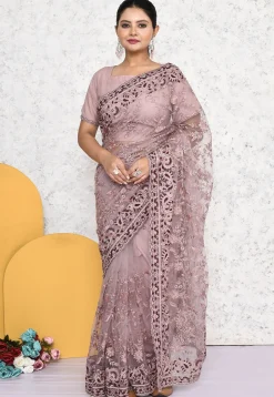 Pre-stitched Net Scalloped Saree in Purple