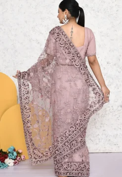 Pre-stitched Net Scalloped Saree in Purple