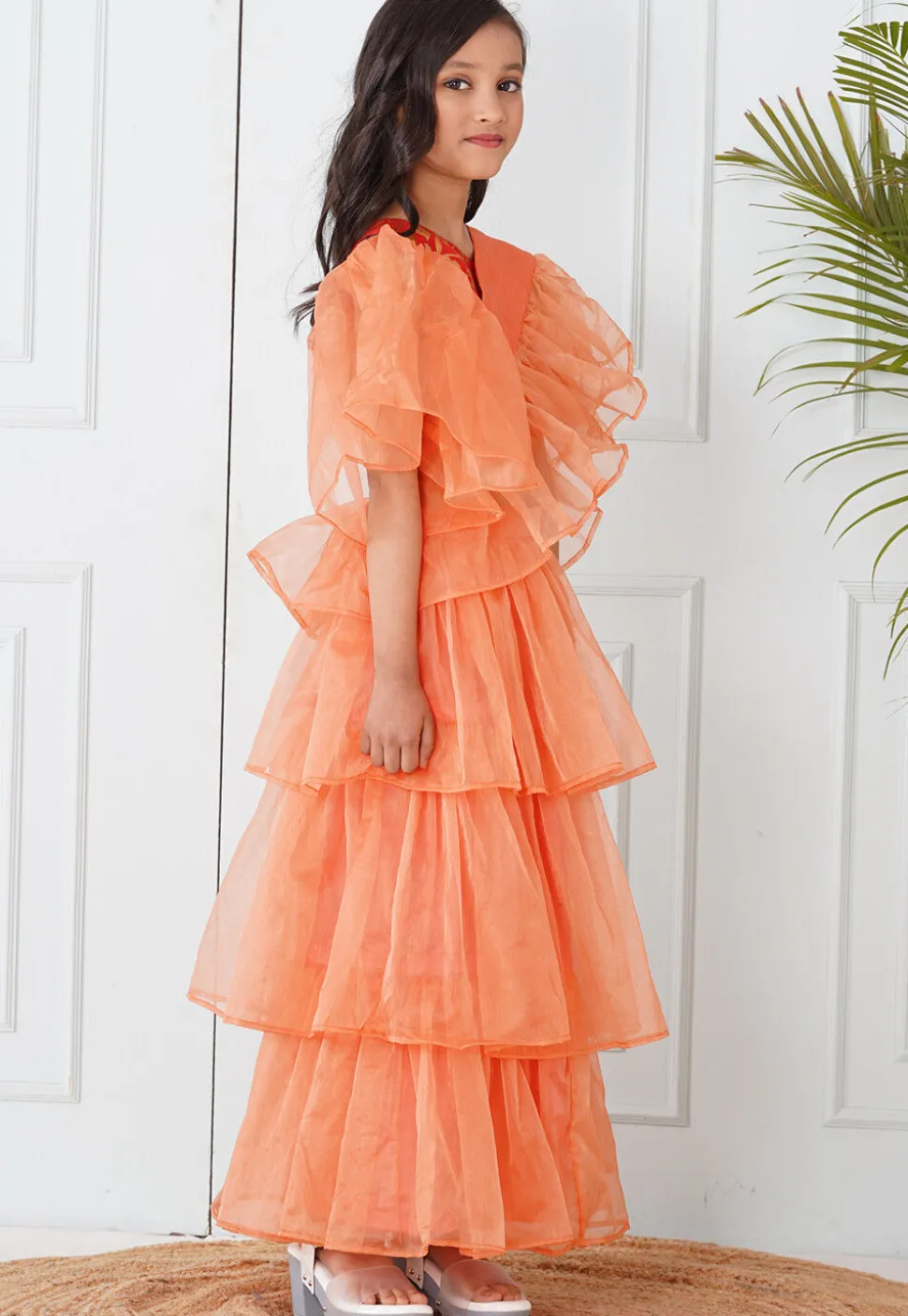 Pre-Stitched Organza Saree in Peach