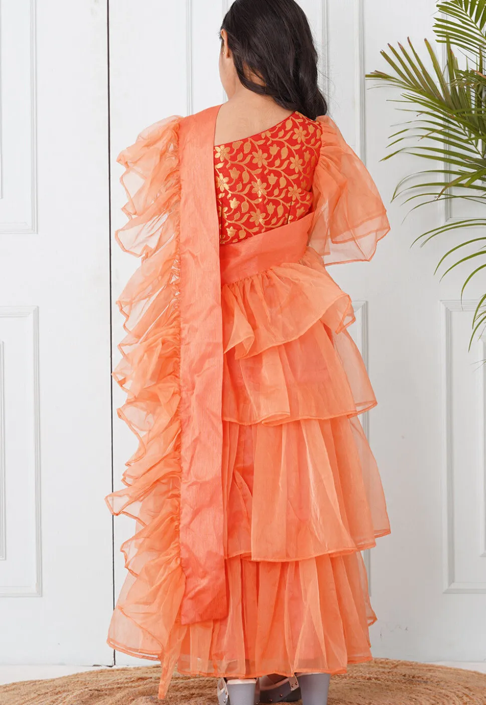 Pre-Stitched Organza Saree in Peach