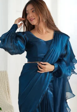 Pre-stitched Organza Saree in Teal Blue