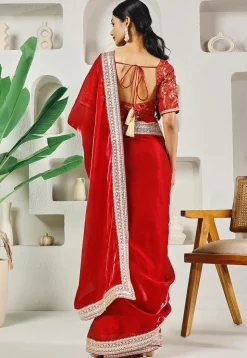 Pre-stitched Organza Saree in Red