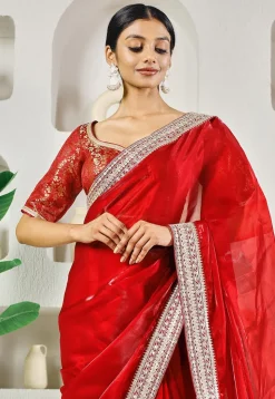 Pre-stitched Organza Saree in Red