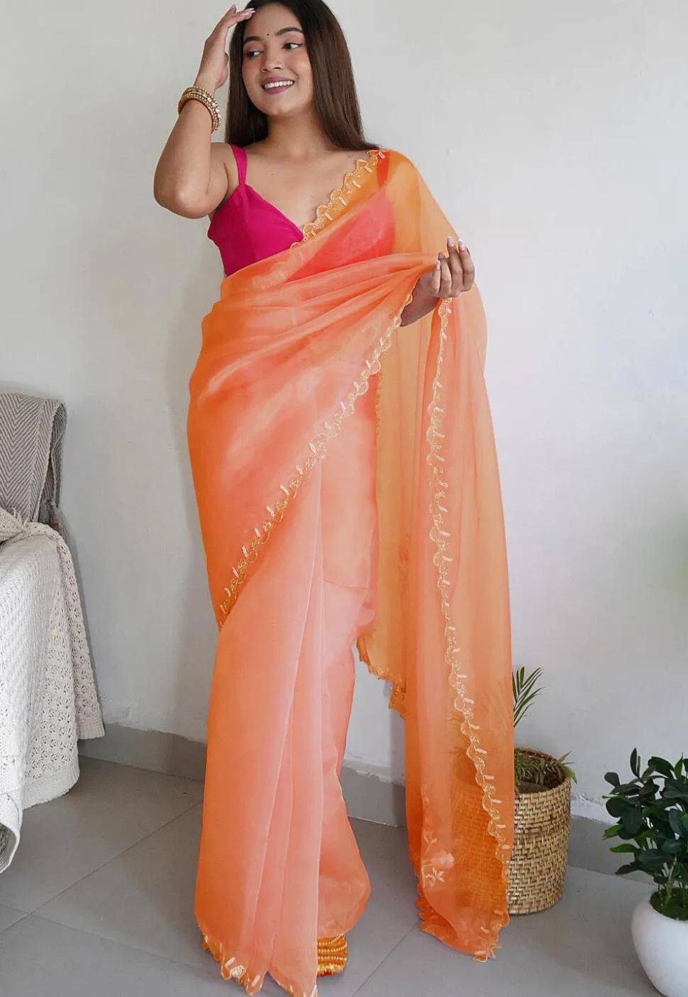 Pre-stitched Organza Scalloped Saree in Pink