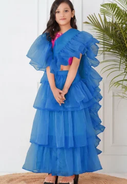 Pre-Stitched Organza Tiered Saree in Royal Blue